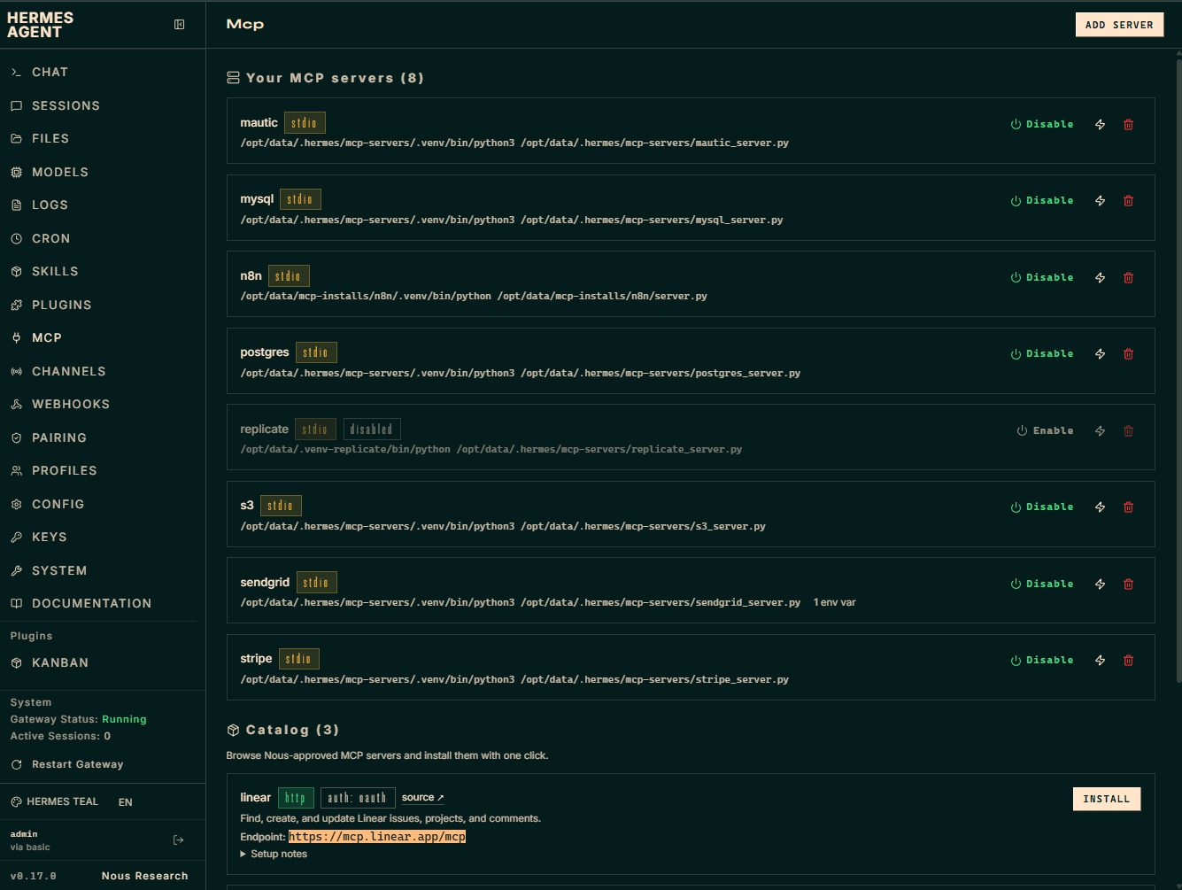 Tela de servidores MCP do Hermes Agent com oito conexões ativas — Mautic, MySQL, n8n, Postgres, Replicate, S3, SendGrid e Stripe — e um catálogo para instalar novas integrações.